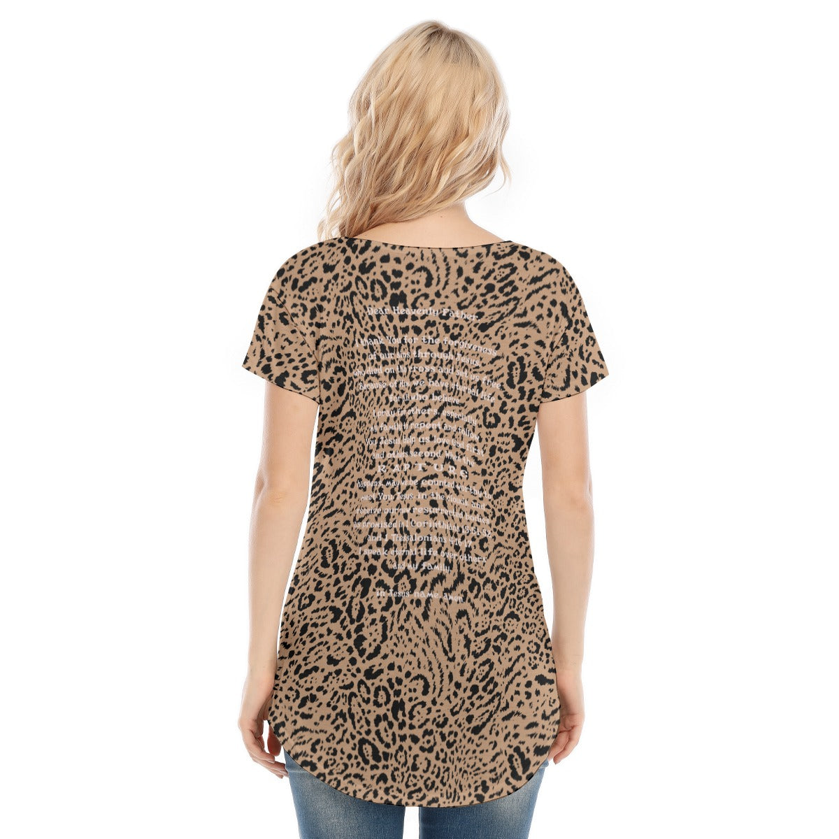 Animal Print Women's V-neck Short Sleeve T-shirt "I Speak Jesus for my Family"