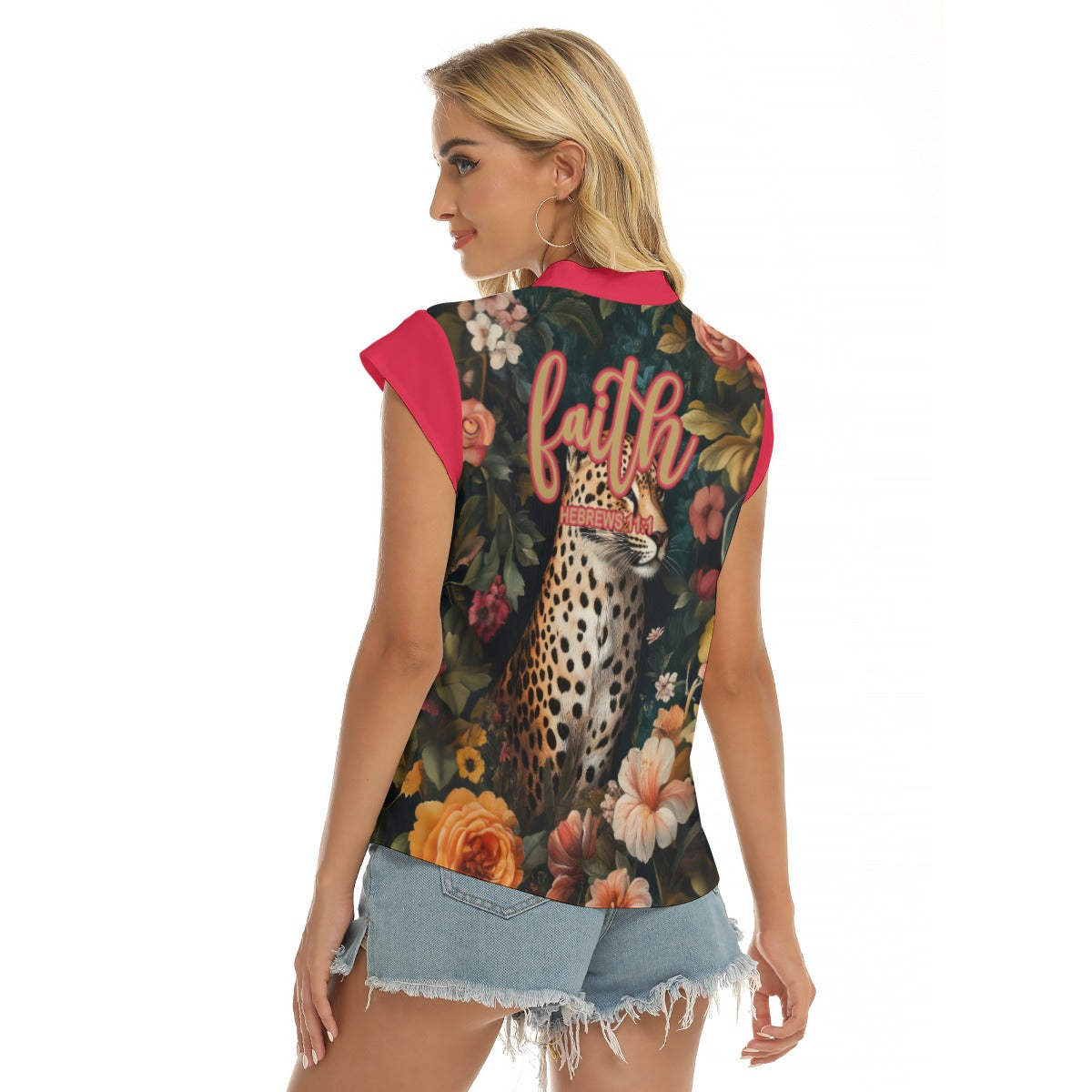 Leopard Floral Women's V-Neck Short Sleeve Blouse with Pinkish Red Accents "Faith Hebrews 11:1"