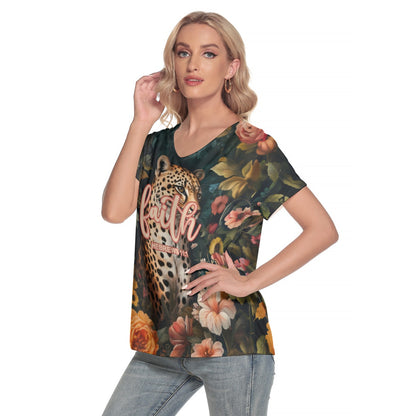 Leopard Floral Print Women's Loose V-neck Short Sleeve T-shirt "Faith Hebrews 11:1"