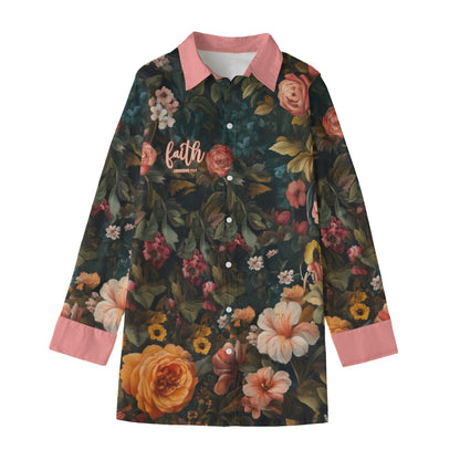 leopard Floral Pink Lapel & Cuffs Print Women's Long Shirt |115GSM Cotton poplin "Faith Hebrew 11:1"