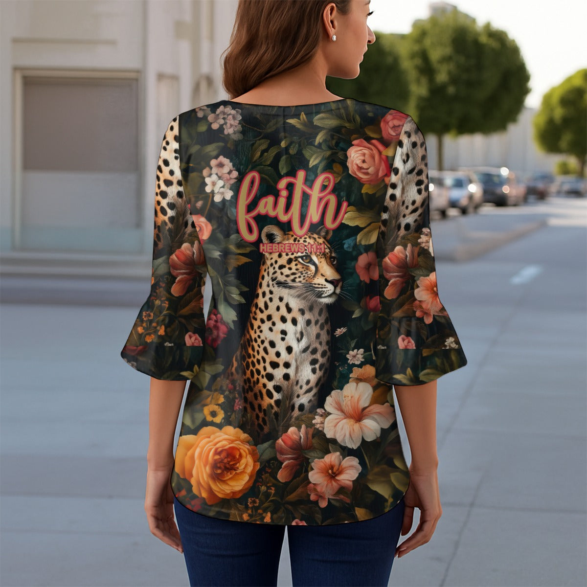 "Faith Hebrews 11:1" Leopard Floral Print Women's T-shirt With 3/4 Sleeve