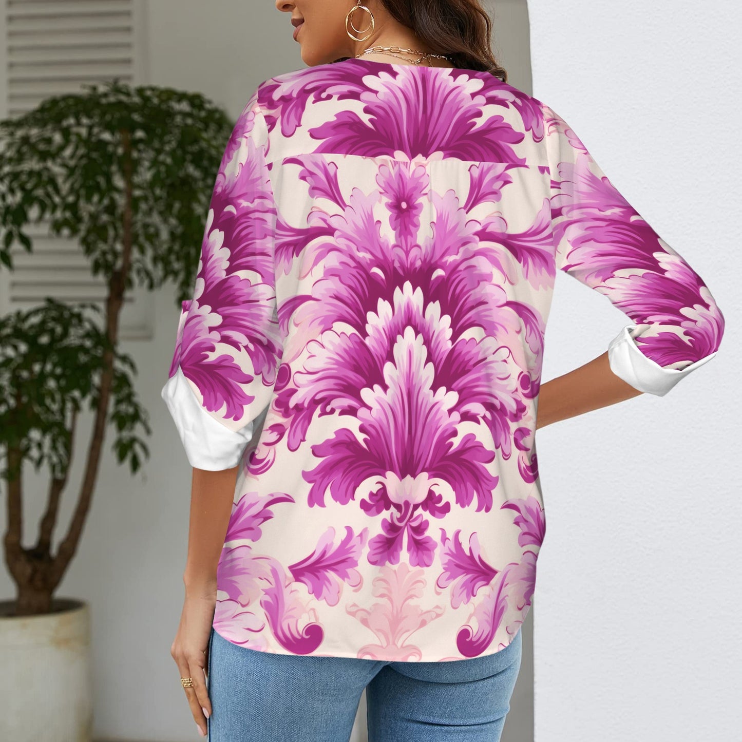 Repent & Believe Pink Damask Women's V-Neck Cuffed Sleeve Blouse Tops