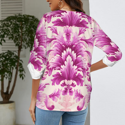 Repent & Believe Pink Damask Women's V-Neck Cuffed Sleeve Blouse Tops