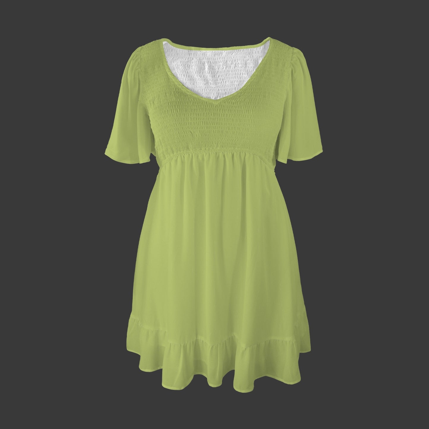 Green Grape V-Neck Pleated Ruffle Hem Casual Dress