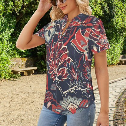 Red & Blue Floral Abstract "Repent & believe" Women's V Neck Pocket Polo Shirts