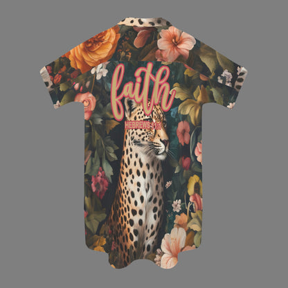 "Faith Hebrews 11:1" Leopard Floral Side Pocket Lapel Button Shirt Dress