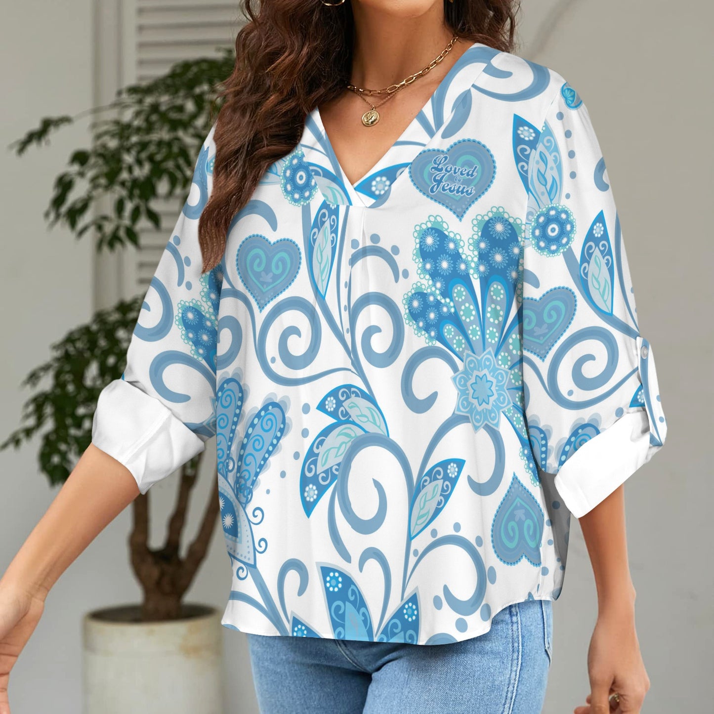 "Loved by Jesus" Blue & White Floral Women's V-Neck Cuffed Sleeve Blouse Tops