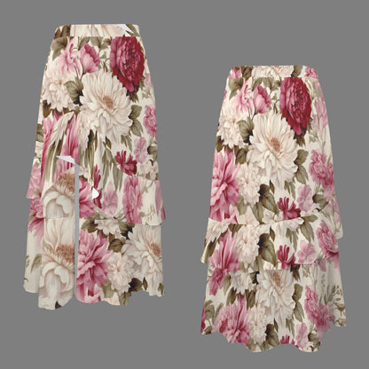 Pink Floral High Side Split Ruffle Hem Maxi Skirt