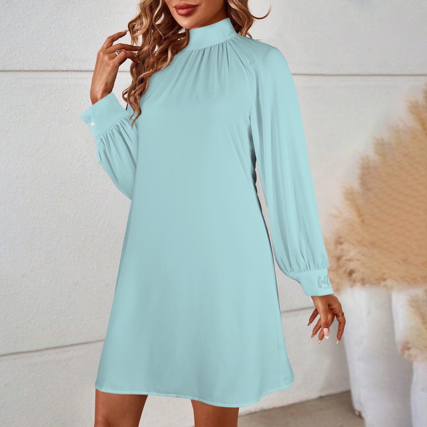 "Faith Ephesians 2:8"  Limpet Shell Blue text on cuff Mock Neck Long Lantern Sleeve Mini Dress