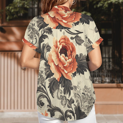 "Salmos 91 salmon" Floral Women's Short Sleeve Button Pocket Blouse