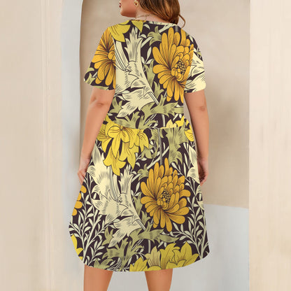 "Faith Ephesians 2:8" Yellow & Black Floral Short Sleeve Pocket Elastic Waist Causal Dress