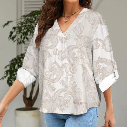 "Repent & Believe" Soft Griege Women's V-Neck Cuffed Sleeve Blouse Tops