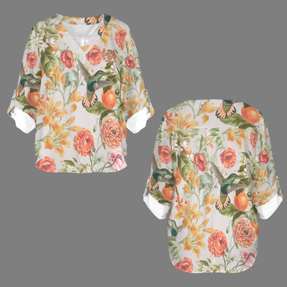 "Faith Ephesians 2:8" Orange Floral Floral Women's V-Neck Cuffed Sleeve Blouse Tops