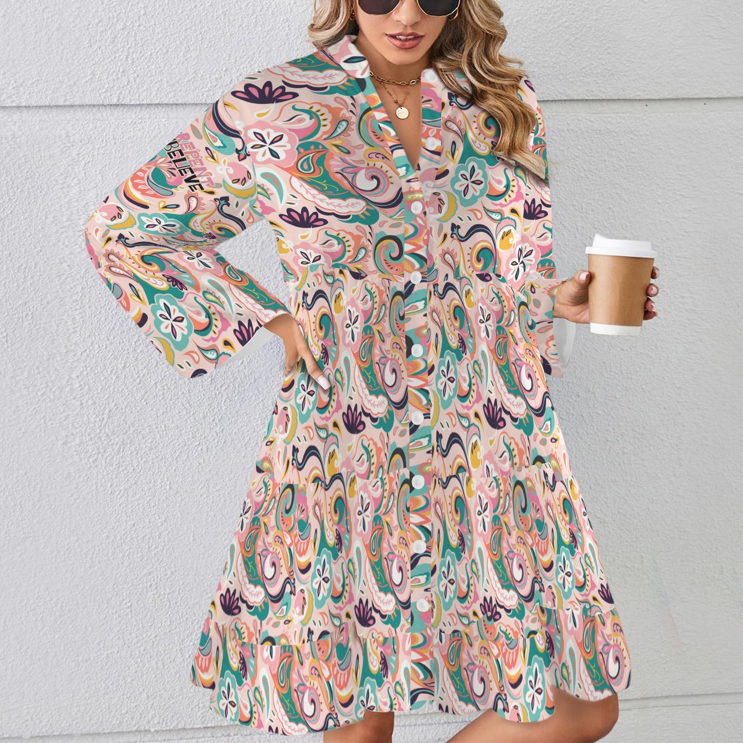 "Repent & believe" Pink Paisley Floral Women's Flared Sleeve Button Tiered Shirt Dress