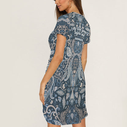"My God goes before me" Blue Paisley Short Sleeve Wrap Bodycon Ruched Tie Waist Dress