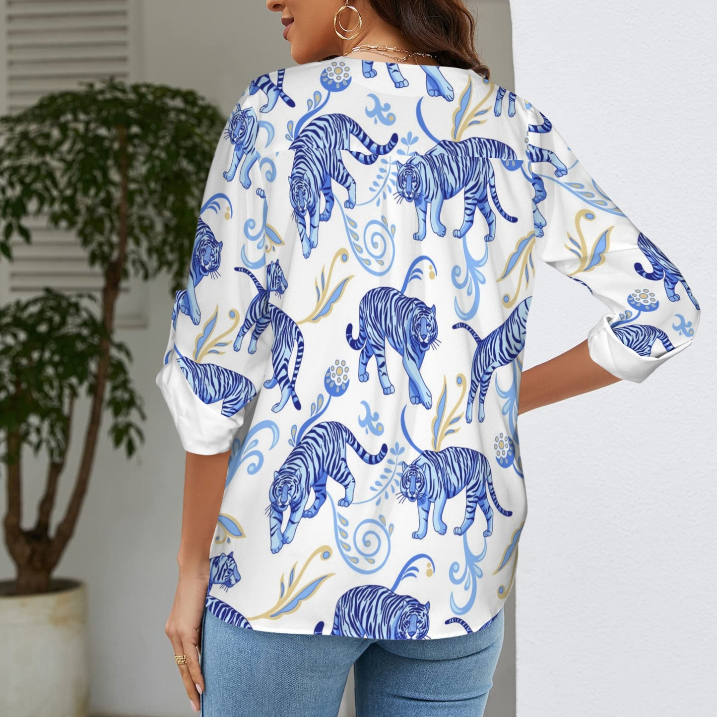 "Repent & Believe" Blue Tigers Women's V-Neck Cuffed Sleeve Blouse Tops