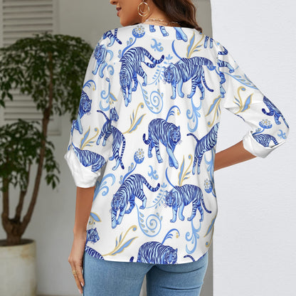 "Repent & Believe" Blue Tigers Women's V-Neck Cuffed Sleeve Blouse Tops