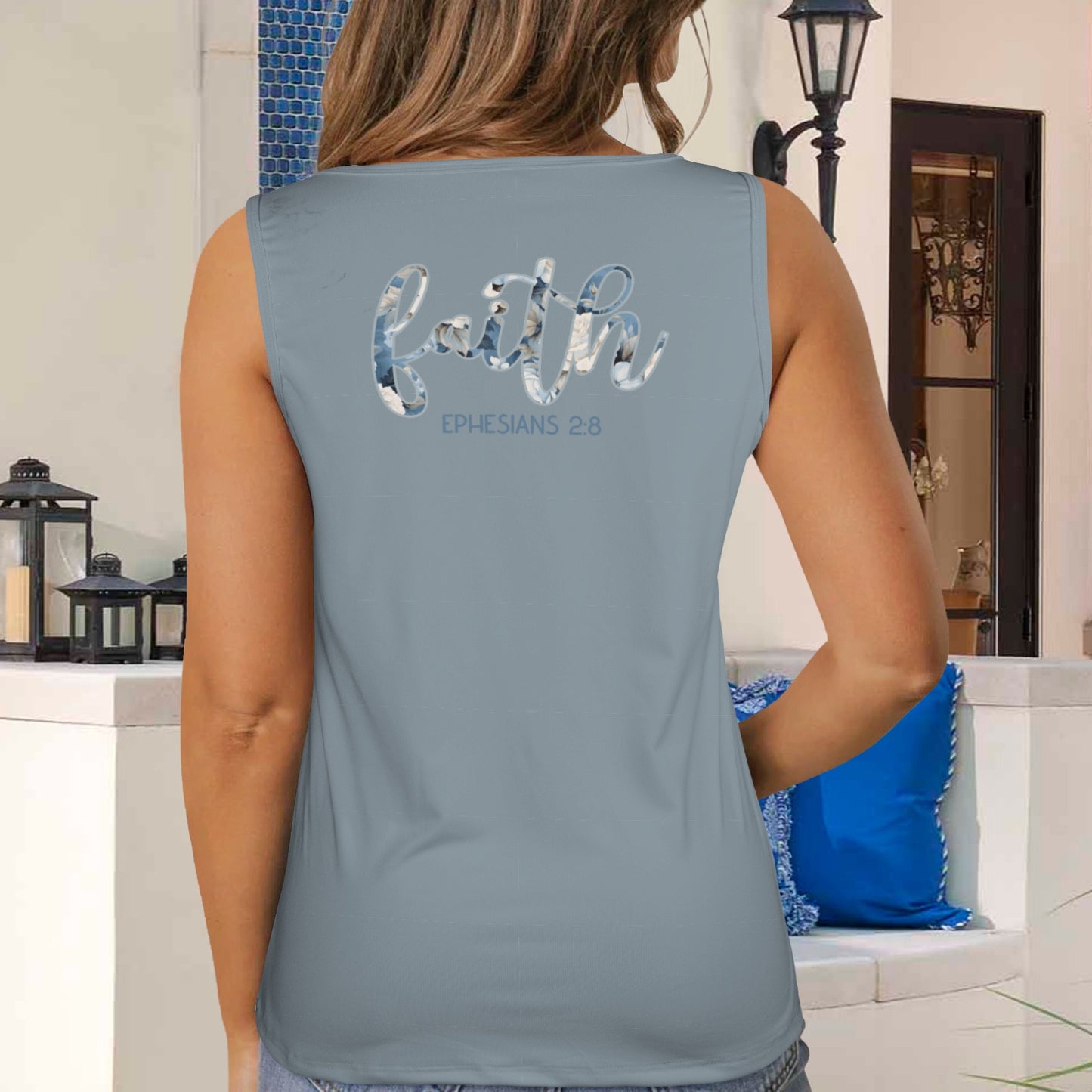 Faith blue Floral Text Grey Women's V-Neck Sleeveless Tank Tops