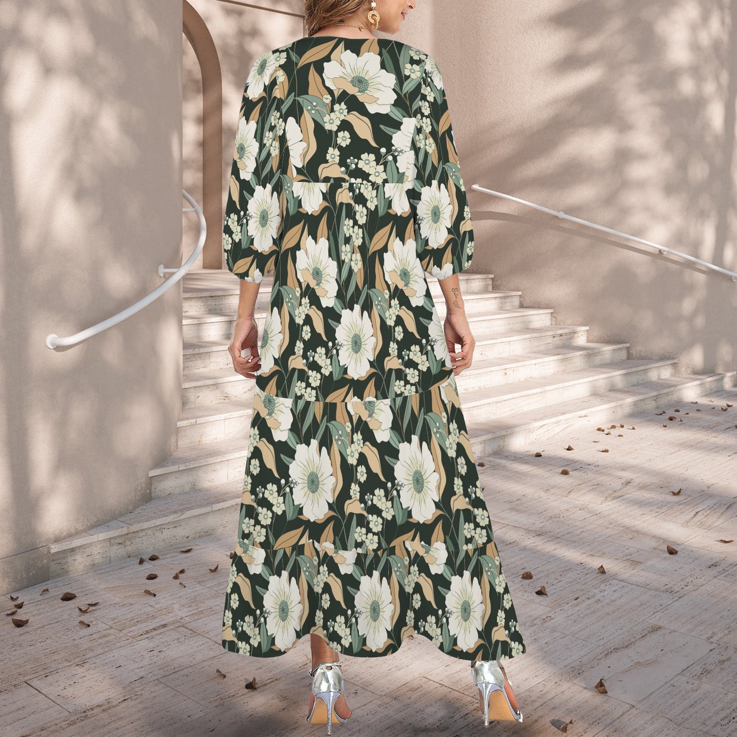 "Jesus" Text Green & White Floral Women's V Neck Half Sleeve Maxi Dress