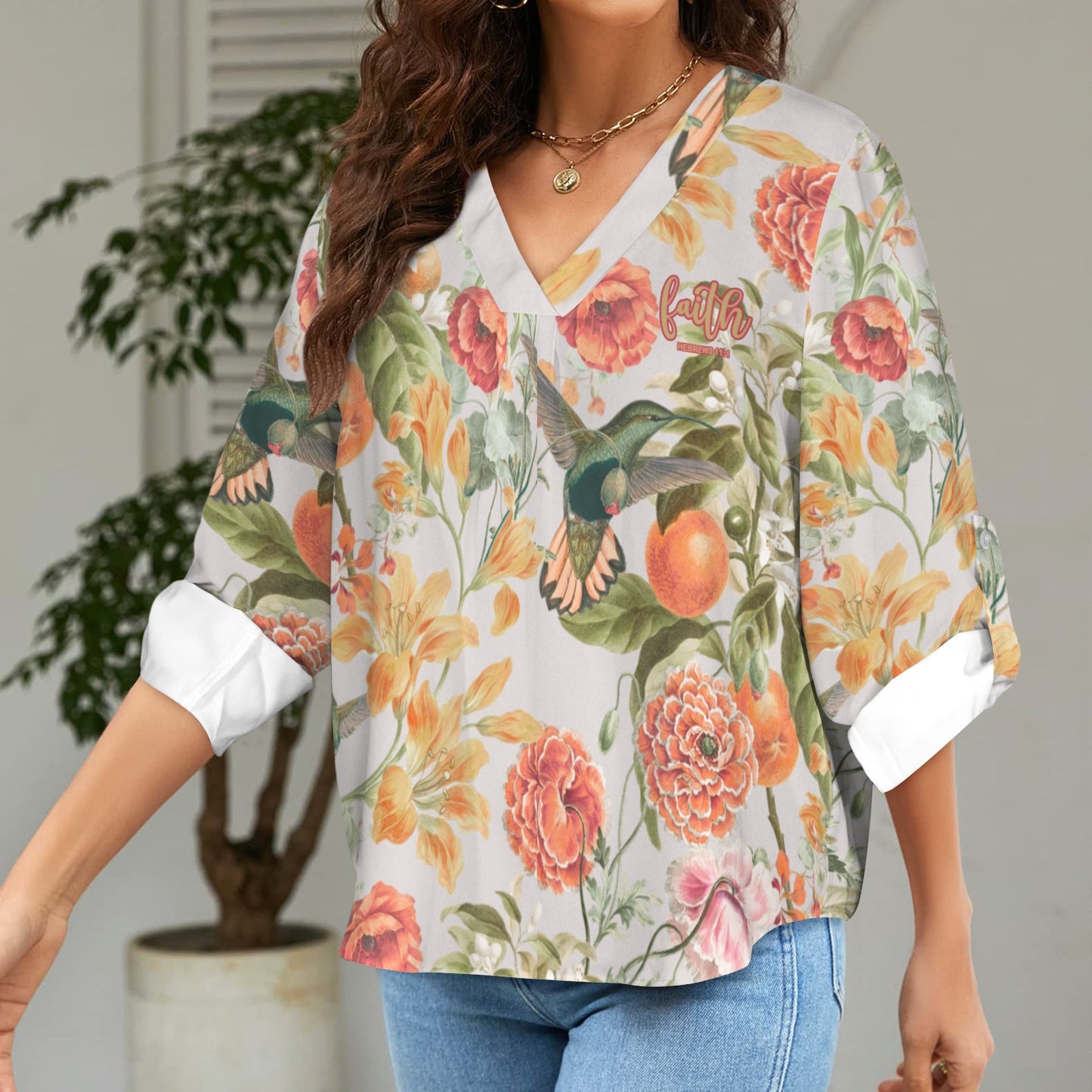 "Faith Ephesians 2:8" Orange Floral Floral Women's V-Neck Cuffed Sleeve Blouse Tops