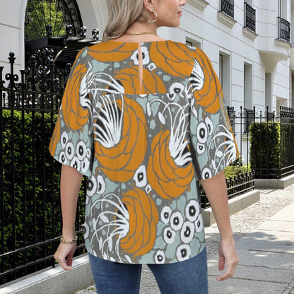 "Faith Ephesians 2:8" Orange Blue & White Floral Women's Bell Sleeve O Neck Babydoll Blouse