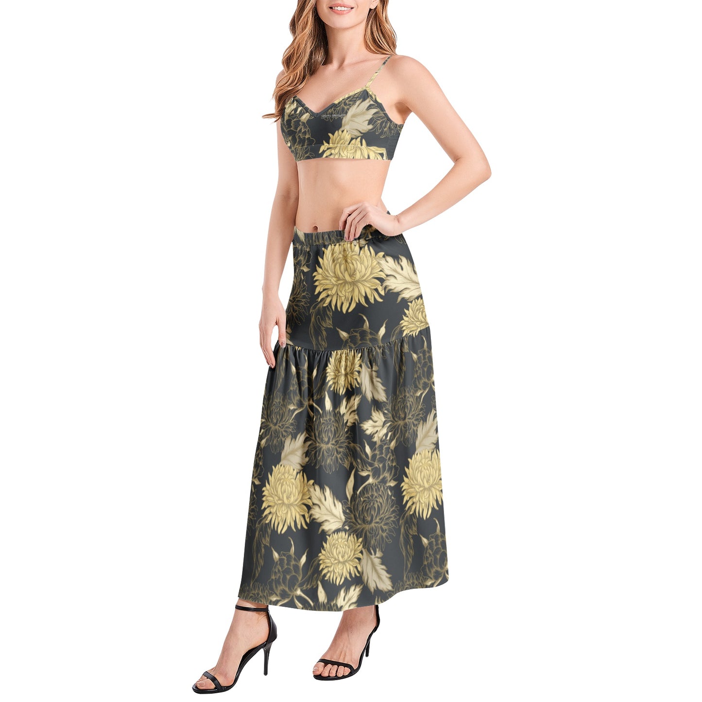 "Luke 12:8-10" Floral Print Bralette Top and High Slit Thigh Skirt Set