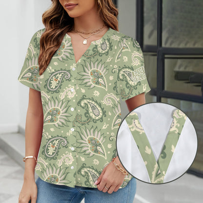 "Repent & Believe" Green Paisley Women's V-Neck Button Short Sleeve Blouse Tops