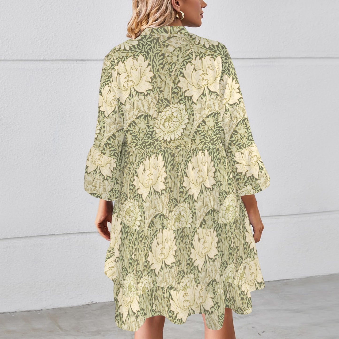 "Faith Ephesians 2 8" Green Leaf Floral Flared Sleeve Button Tiered Shirt Dress