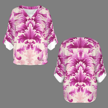 Repent & Believe Pink Damask Women's V-Neck Cuffed Sleeve Blouse Tops