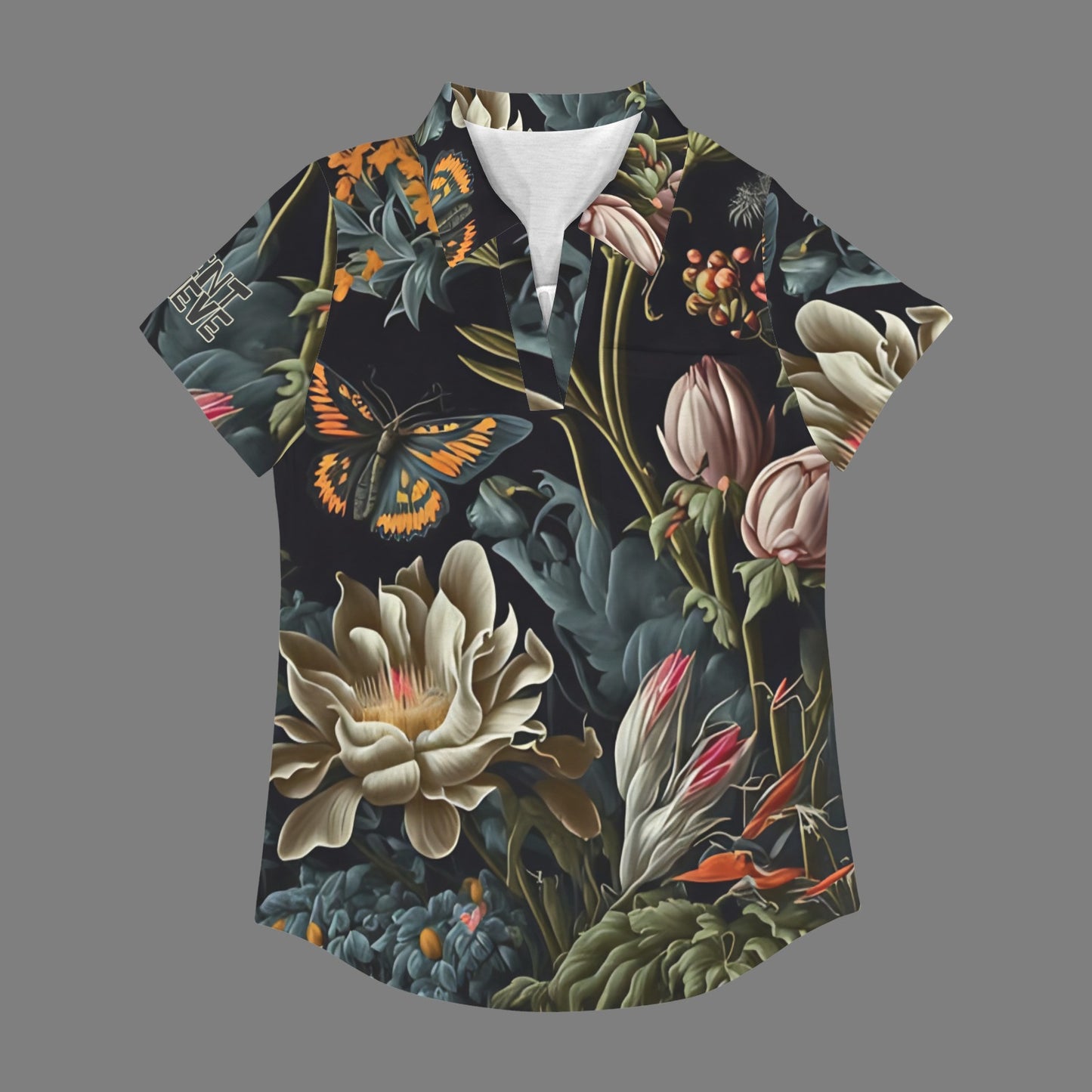 "Repent & Believe" Black Floral Women's V Neck Pocket Polo Shirts