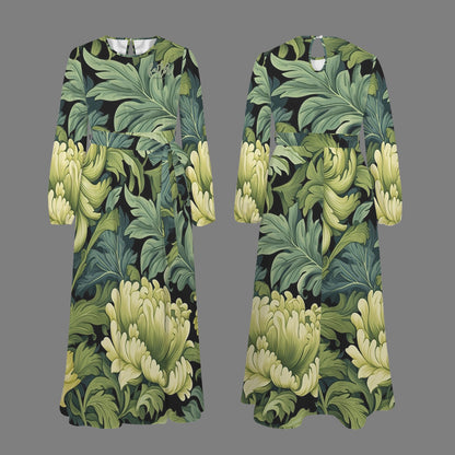 "Faith Ephesians 2:8" Green Floral Round Neck Long Sleeve Belted Maxi Dress