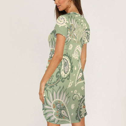 "Faith Ephesians 2:8" Green Paisley Short Sleeve Wrap Bodycon Ruched Tie Waist Dress