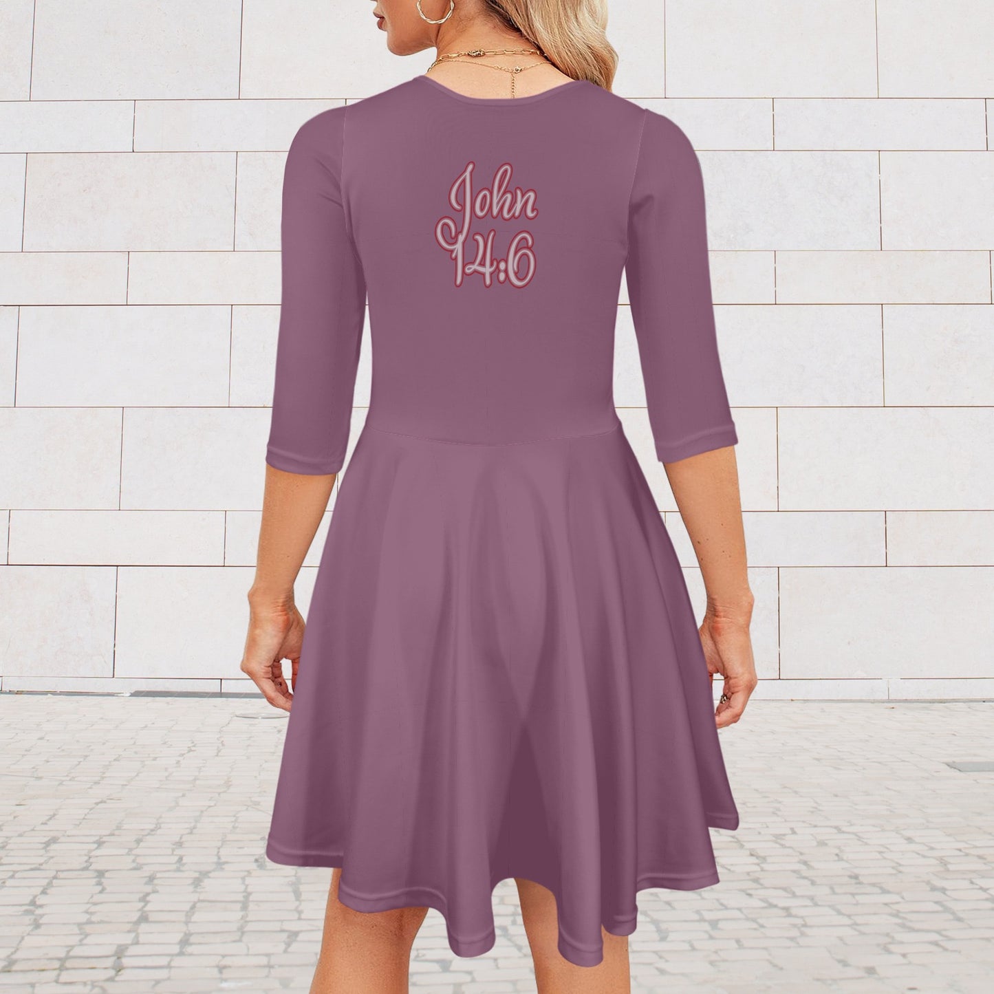 "John 14:6" Purple Women's 3/4 Sleeve Fit Flare Midi Dress