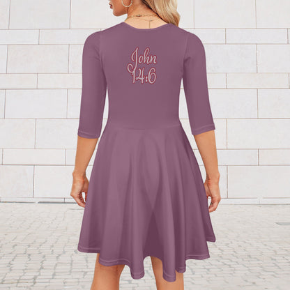 "John 14:6" Purple Women's 3/4 Sleeve Fit Flare Midi Dress
