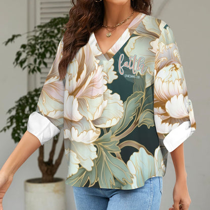 "Faith" Pink & Green Floral Women's V-Neck Cuffed Sleeve Blouse Tops