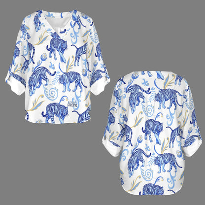 "Repent & Believe" Blue Tigers Women's V-Neck Cuffed Sleeve Blouse Tops