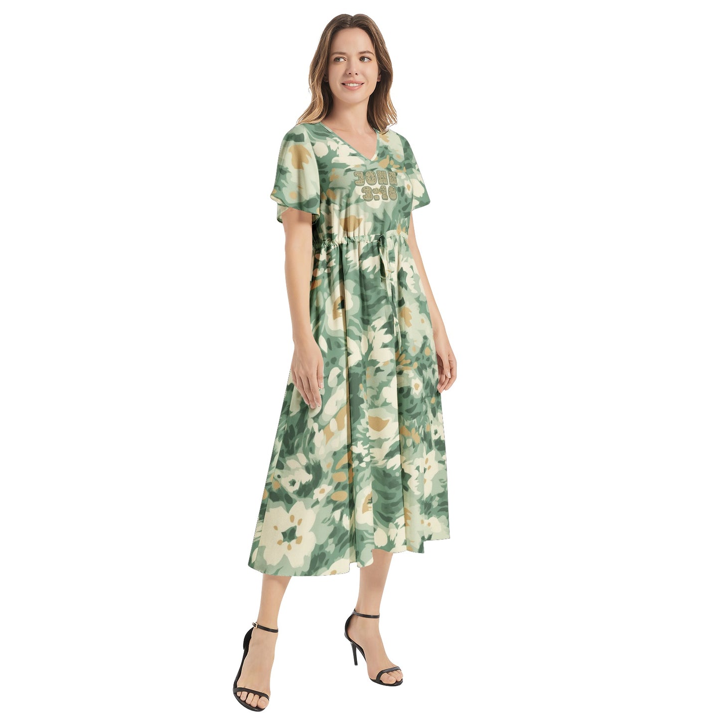 "John 3:16" green Floral Flutter Sleeve Drawstring Waist Flared Dress