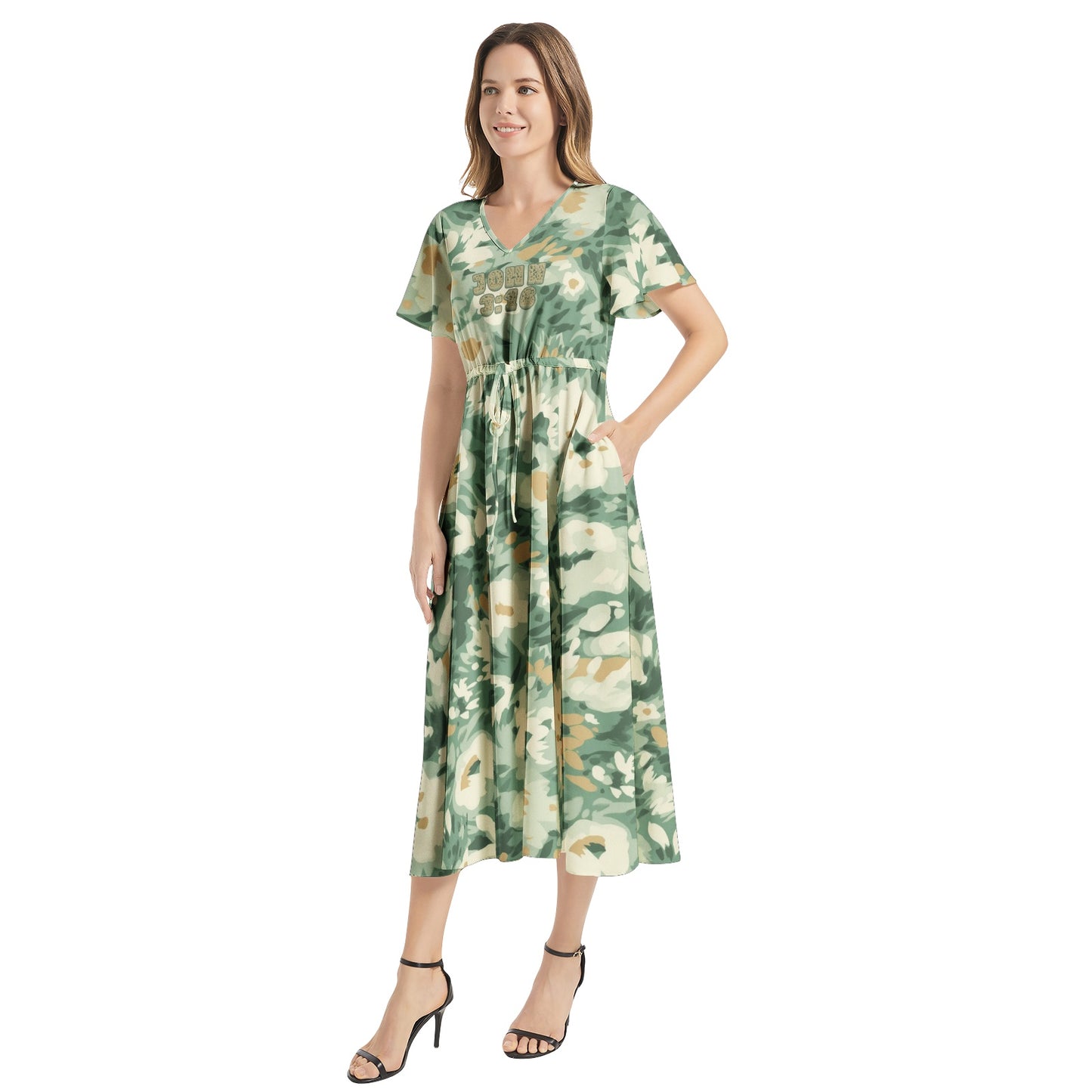 "John 3:16" green Floral Flutter Sleeve Drawstring Waist Flared Dress