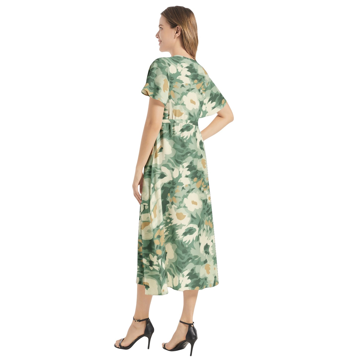 "John 3:16" green Floral Flutter Sleeve Drawstring Waist Flared Dress