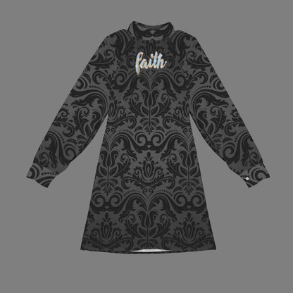 "Faith" Text Diamonds Black Floral Mock Neck Long Lantern Sleeve Mini Dress