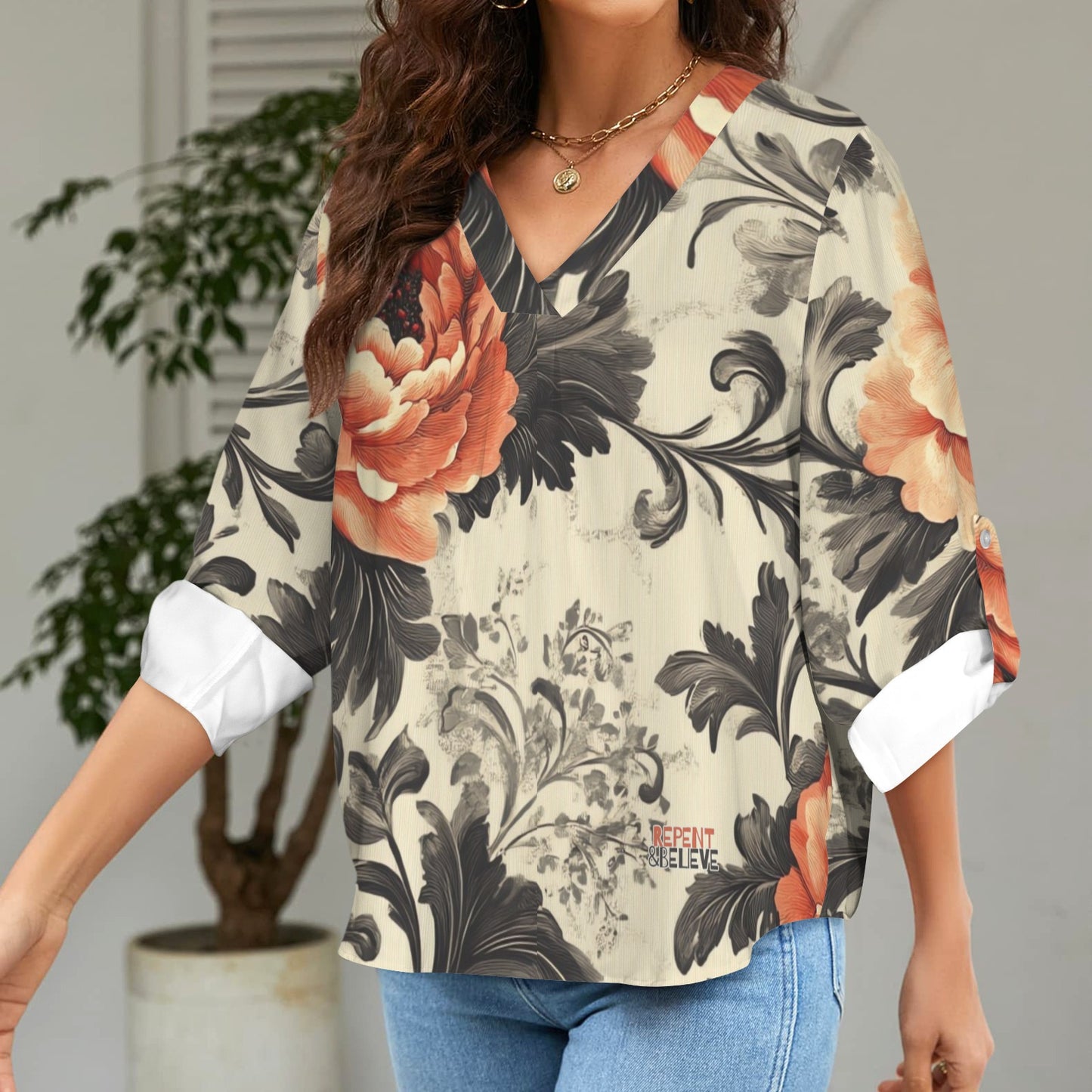 "Repent & Believe" Orange Gray Floral Women's V-Neck Cuffed Sleeve Blouse Tops