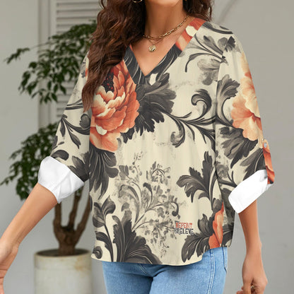 "Repent & Believe" Orange Gray Floral Women's V-Neck Cuffed Sleeve Blouse Tops
