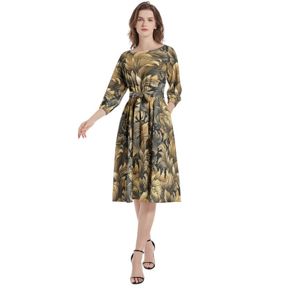 "Faith Ephesian 2:8" Black & Gold Floral Boat Neck Belted Flared Dress