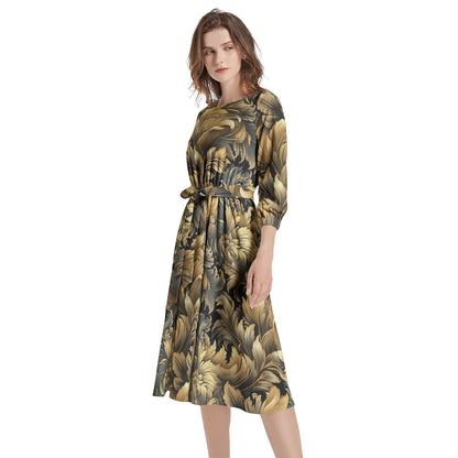 "Faith Ephesian 2:8" Black & Gold Floral Boat Neck Belted Flared Dress