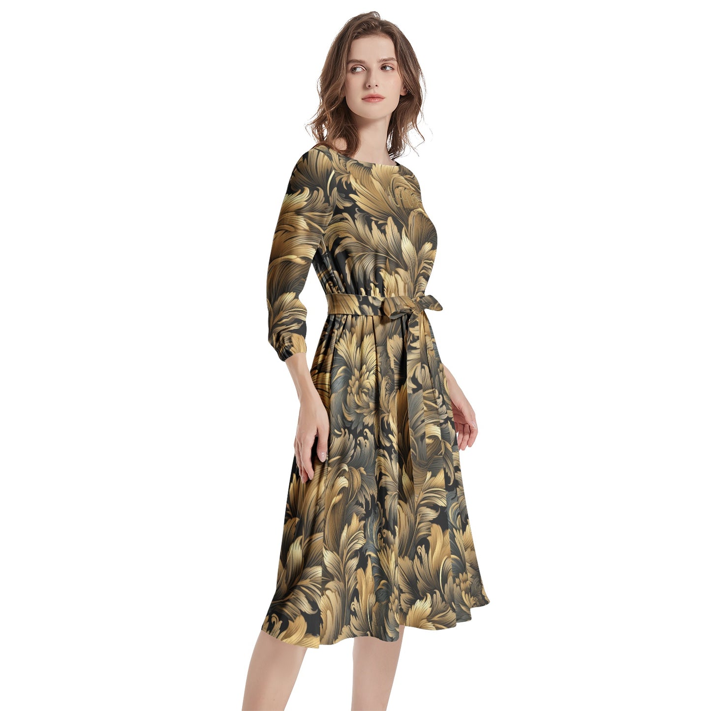 "Faith Ephesian 2:8" Black & Gold Floral Boat Neck Belted Flared Dress