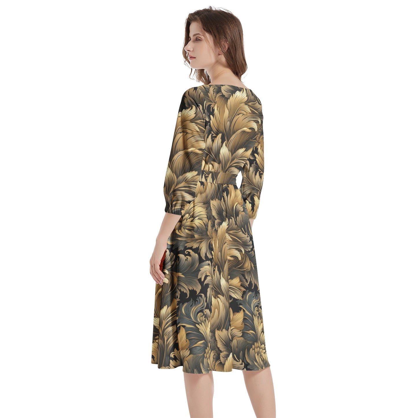 "Faith Ephesian 2:8" Black & Gold Floral Boat Neck Belted Flared Dress