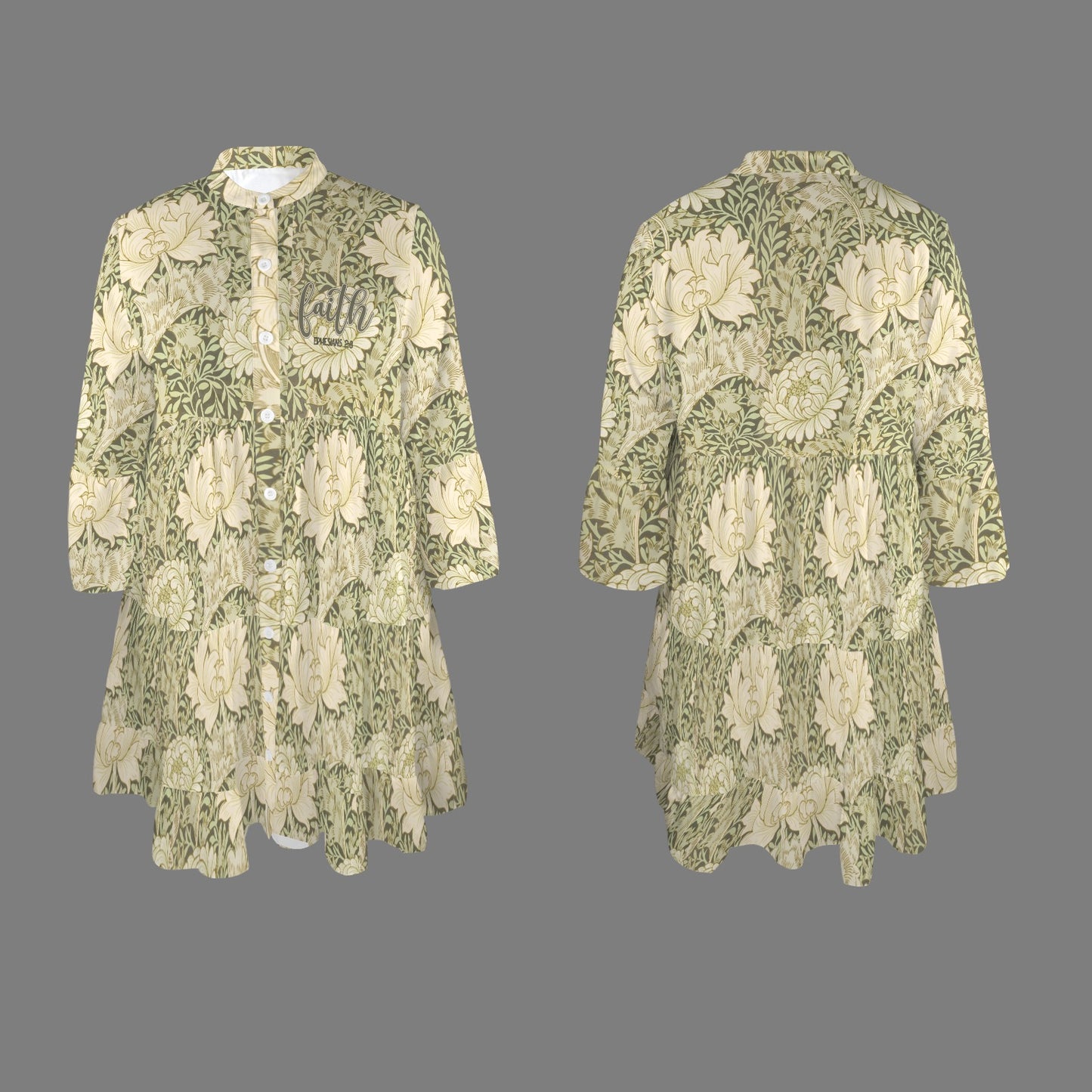 "Faith Ephesians 2 8" Green Leaf Floral Flared Sleeve Button Tiered Shirt Dress