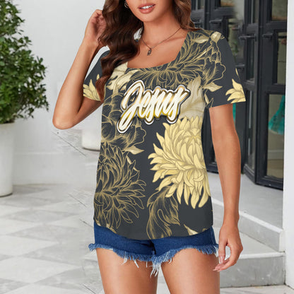 "Jesus" Black & Gold Floral Women's Square Neck Short Sleeve T-Shirts