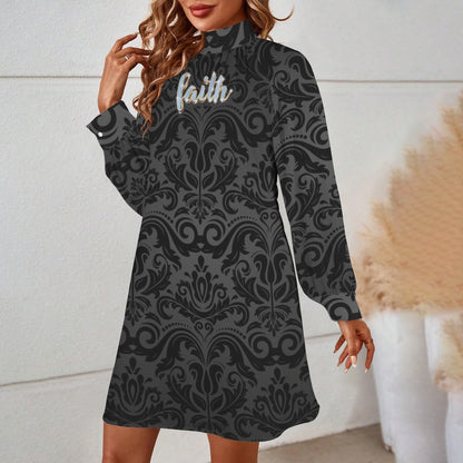 "Faith" Text Diamonds Black Floral Mock Neck Long Lantern Sleeve Mini Dress