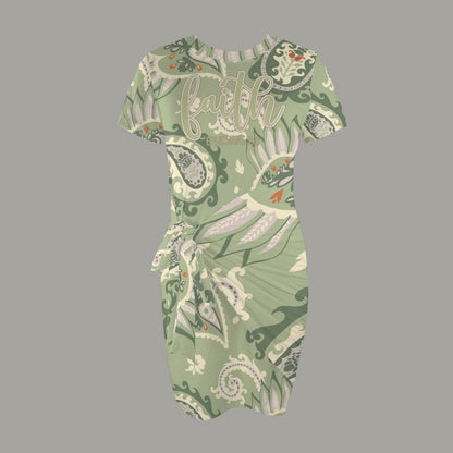 "Faith Ephesians 2:8" Green Paisley Short Sleeve Wrap Bodycon Ruched Tie Waist Dress